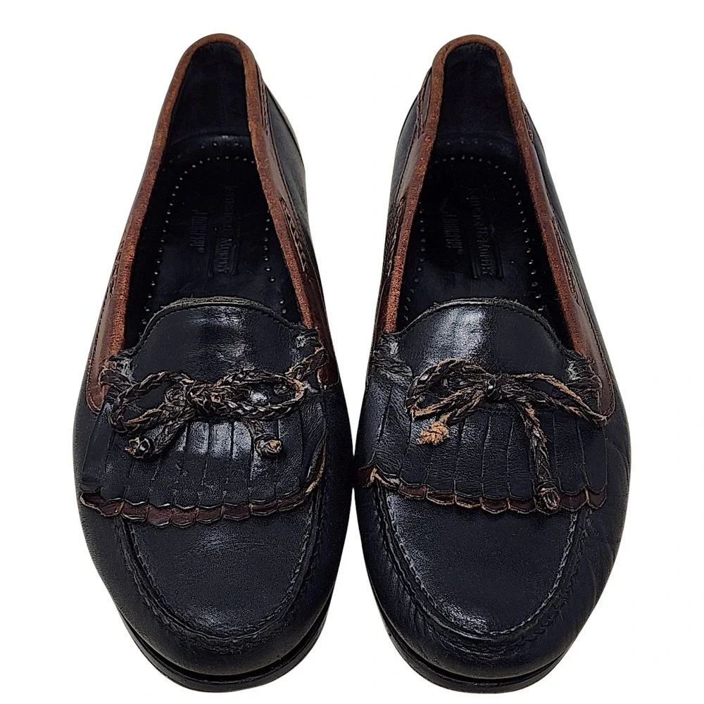 Johnston & Murphy Kiltie Loafers 11 D Mens Black Brown Tassel Leather Moc Toe